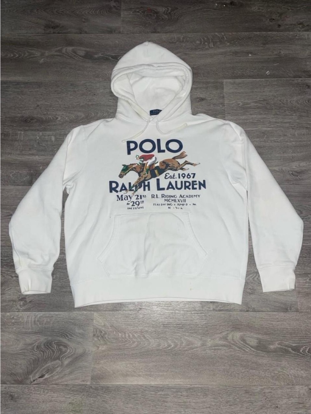 Polo Ralph Lauren White Equestrian Riding Academy Print Fleece Pullover Hoodie L